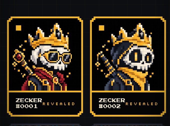 Two pixel art character cards on a black background featuring 'ZECKER REVEALED' #0001 (a skeleton king with sunglasses and a staff) and #0002 (a hooded skeleton with a staff).