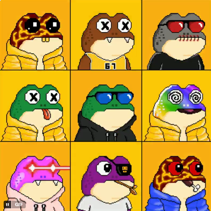 A 3x3 grid of cartoon frog/toad meme characters with various expressions and accessories, including sunglasses, X eyes, and a tongue sticking out, with a 'GIF' icon in the bottom left.