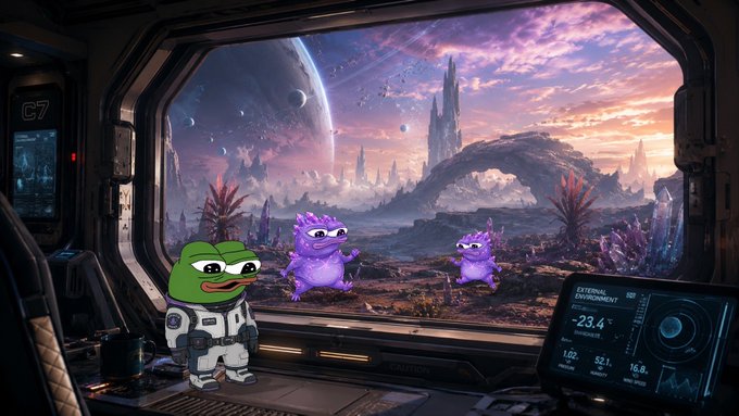 A Pepe the Frog character in an astronaut suit looking out a spacecraft window at a futuristic alien landscape with purple creatures and a large planet.