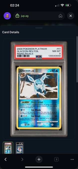 A mobile screenshot of a PSA-graded 2009 Pokémon Platinum Glaceon-#41 card, graded NM-MT 8, displayed on jup.ag.