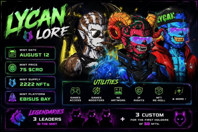 A promotional graphic for the 'Lycan Lore' NFT project featuring three werewolf-style character illustrations. Visible text includes: MINT DATE AUGUST 12, MINT PRICE 75 $CRO, MINT SUPPLY 2222 NFTs, MINT PLATFORM EBISUS BAY, UTILITIES (GAMES ACCESS, GAMES BOOSTERS, 4K ARTWORK, IP RIGHTS, NFT RE-ROLL, & MORE!), and LEGENDARIES - 3 LEADERS IN THE MINT + 3 CUSTOM FOR THE FIRST HOLDERS OF 50 NFTs.