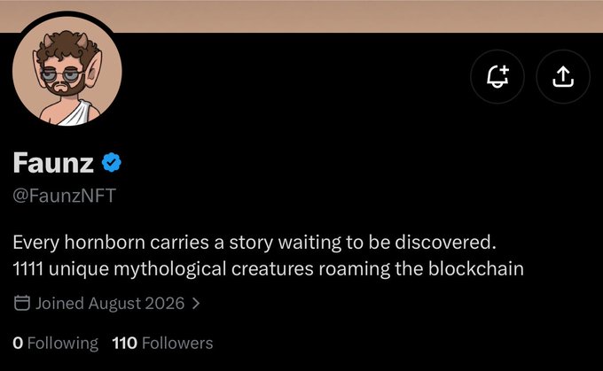 A Twitter/X profile for 'Faunz' (@FaunzNFT) featuring a horned mythological creature avatar, with bio text reading 'Every hornborn carries a story waiting to be discovered. 111 unique mythological creatures roaming the blockchain' and 110 followers.