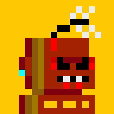 Pixel art of a red character with a wide grinning mouth, a striped headpiece, and a string of white cubes attached to the top, set against a yellow background.