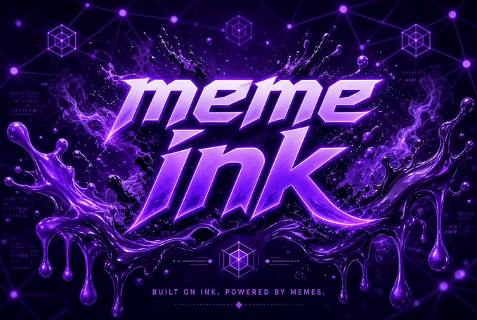 A purple-themed logo for 'meme ink' with the tagline 'BUILT ON INK. POWERED BY MEMES.' surrounded by splashing ink effects.
