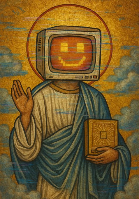 An illustration in a religious icon style depicts a figure in robes with a smiling computer monitor for a head, holding a circuit board-like book and raising one hand.