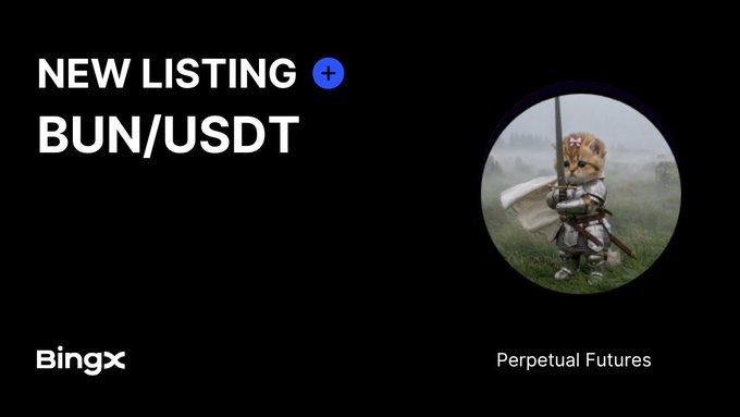 An announcement graphic from BingX for a new listing: "BUN/USDT" perpetual futures, featuring a small armored character in a grassy field.
