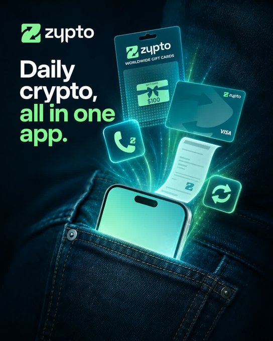 A smartphone in a denim pocket emits a green glow showcasing floating icons of a gift card, Visa card, receipt, and other services, paired with the text "Zypto - Daily crypto, all in one app," visually reinforcing the post's message about consolidating crypto cards, gift cards, bill payments, mobile top-ups, and cross-chain swaps into a single convenient application.