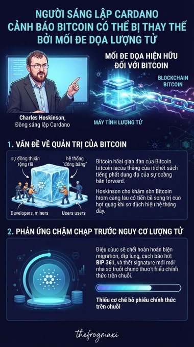 A Vietnamese-language cryptocurrency infographic by thefrogmaxi about Cardano founder Charles Hoskinson warning that Bitcoin could face a quantum computing threat, discussing Bitcoin's governance issues and the slow response to the BIP 361 quantum migration signature risk.