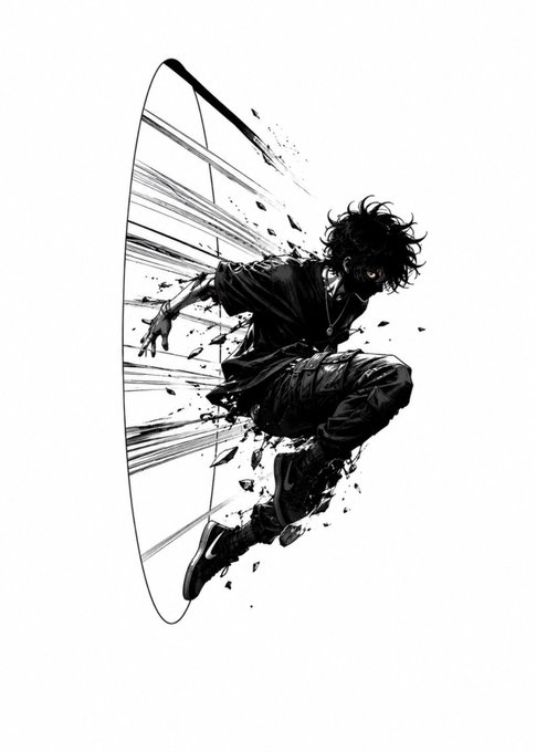 A black and white manga-style illustration of a dark-haired character in a dramatic pose, bursting through an oval frame with motion lines and debris effects.