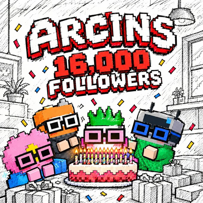 An illustrated celebratory graphic featuring pixelated characters around a birthday cake, with the text 'GREINS 16,000 FOLLOWERS' in bold red and white lettering.