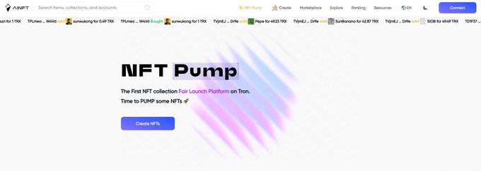 A website screenshot for 'NFT Pump', described as 'The First NFT collection for Launch Platform on Tron, Time to PUMP some NFTs'.