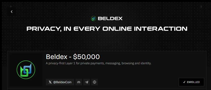 A website banner for 'BELDEX' with the headline 'PRIVACY, IN EVERY ONLINE INTERACTION' and a token prize of '$50,000', marked as 'ENROLLED'.