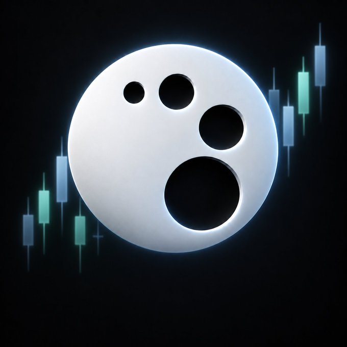 A 3D-rendered white spherical logo with dark circular cutouts, surrounded by green and blue candlestick chart elements against a dark background.