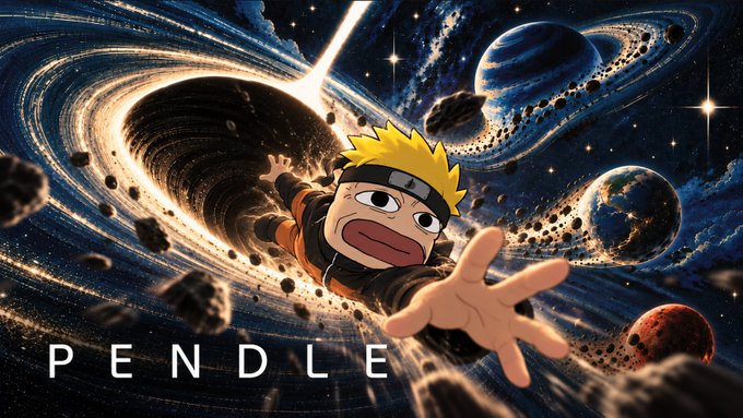 A stylized anime-style image of Naruto reaching forward through a cosmic scene with swirling galaxies, planets, and asteroids, with the text 'PENDLE' overlaid at the bottom left.