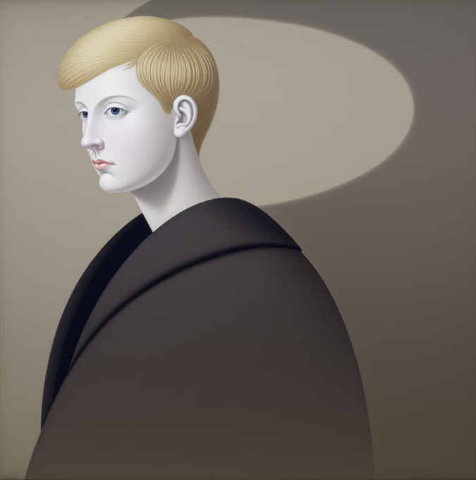 A stylized digital portrait of a pale-skinned figure with short blonde hair, wearing a dark garment, depicted in profile against a muted, spotlight-lit background.