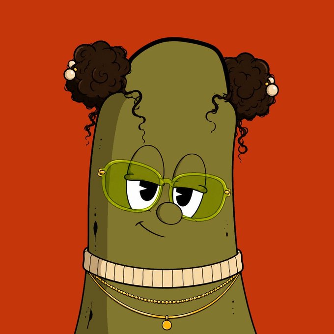 A cartoon green pickle character with afro puffs, green-tinted glasses, a smug expression, a beige collar, and gold chains poses against a red background, fitting the "GM CT" NFT debut post announcing its 555-piece honorary collection on Ethereum.