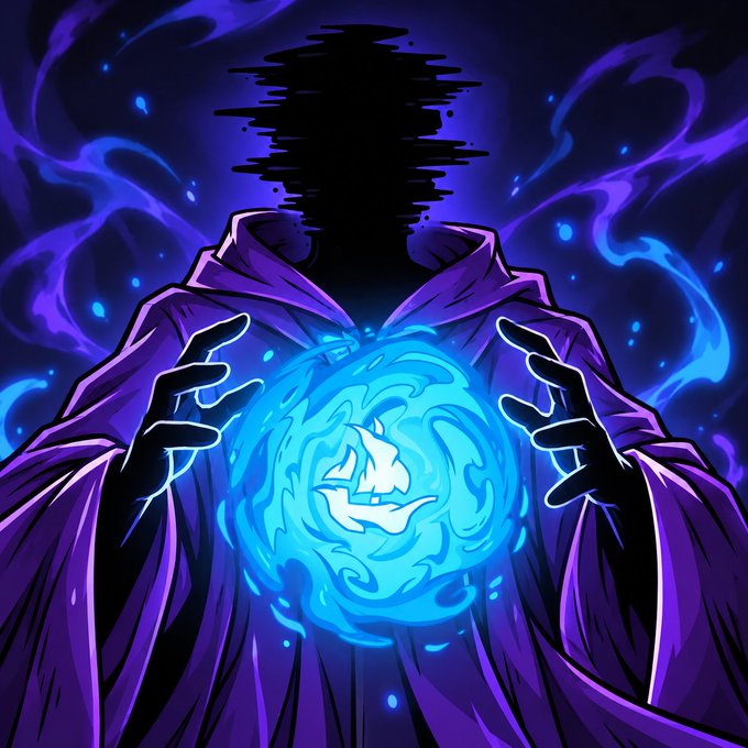 An animated illustration shows a hooded figure with a shadowy, obscured head, grasping a swirling blue orb of energy between two clawed hands, surrounded by blue flames.