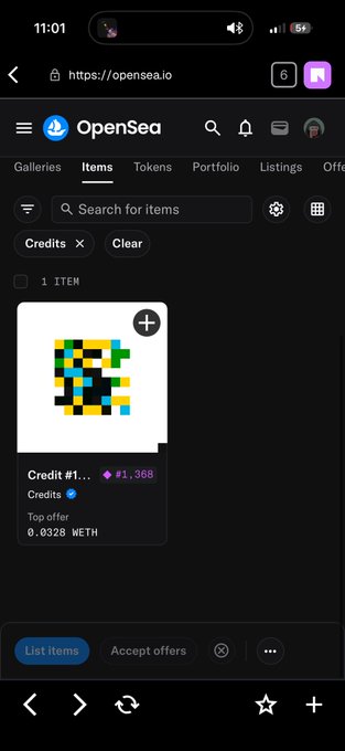A mobile screenshot of the OpenSea NFT marketplace (opensea.io) showing an item called "Credit #1..." with a top offer of 0.0328 WETH priced at #1,368.