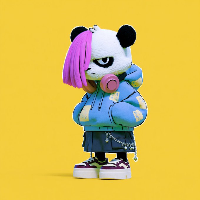 A 3D-rendered cartoon panda character with pink hair, wearing a blue hoodie, pink headphones, a dark skirt with heart chains, and sneakers, stands against a yellow background.