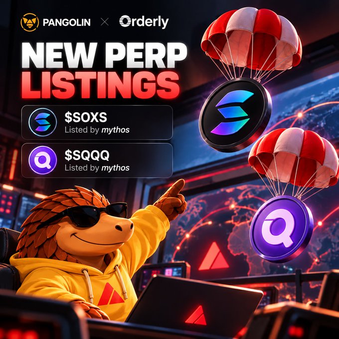 A promotional graphic for Pangolin x Orderly announcing new perpetual listings of $SOXS and $SQQQ, featuring a pangolin mascot in sunglasses at a computer with parachutes delivering the tokens.