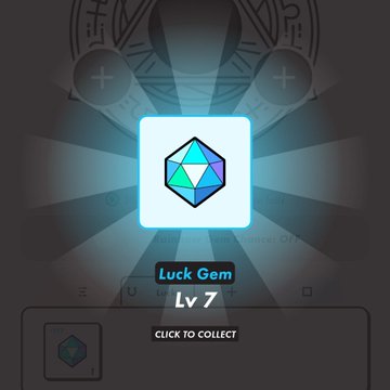 The image features a blue diamond-shaped object with a green border, which appears to be a gemstone or crystal. The background of the image is black, making the blue gemstone stand out prominently. Below the gemstone, there's text that reads "LUCK GEM Lv 7". This suggests that the gemstone might have some sort of magical or lucky properties and could potentially be used for fortune-telling purposes.