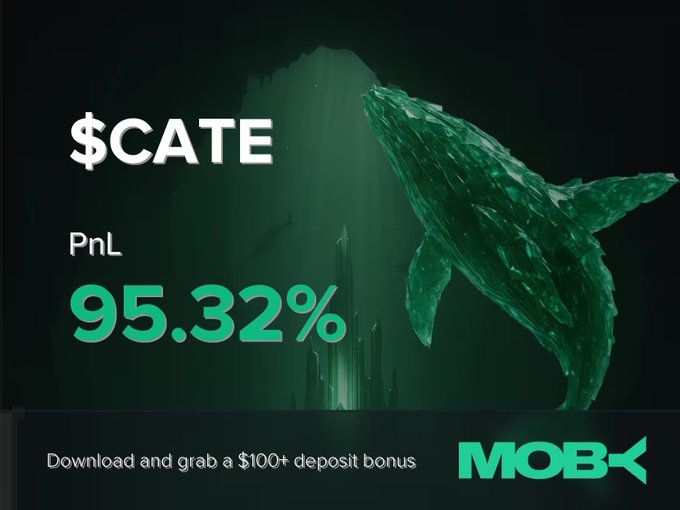 A promotional graphic from Moby showcases a whale emerging from green waters with text announcing a trading win: "$CATE PnL 95.32%" alongside an offer to "Download and grab a $100+ deposit bonus," highlighting the app's alert about a trader profiting on the $CATE token.