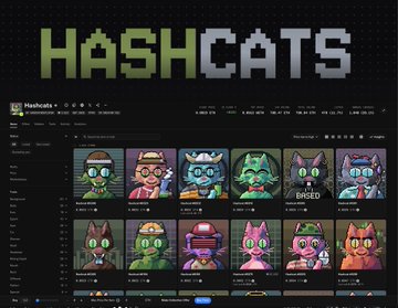 The image shows the "HASHCATS" NFT collection interface on what appears to be OpenSea, displaying a grid of pixel-art cat characters with various traits and accessories. The accompanying text relates to this by instructing NFT holders to visit hashcats.fun to claim their ETH rent rewards, tying the visible HashCats collection to the rental claim feature mentioned in the post.