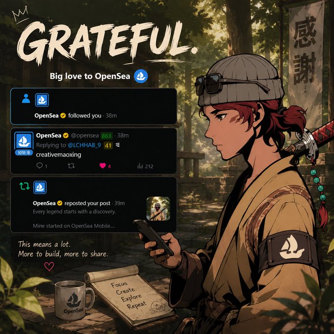 An anime-style character with red hair and a sword sits in a forest examining their phone, surrounded by screenshots of OpenSea notifications including a follow, reply to @LCHHAB_9, and repost. The text "GRATEFUL" and "This means a lot. More to build, more to share" appear alongside a notebook listing "Focus, Create, Explore, Repeat," visually celebrating the OpenSea engagement mentioned in the caption.