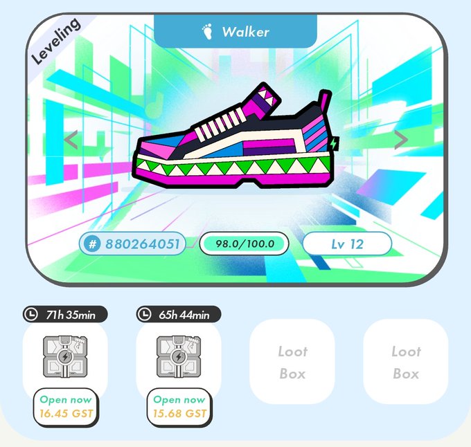 The image shows a STEPN app interface displaying a "Walker" sneaker at Level 12 (Lv 12), with a quality score of 98.0/100.0 and ID #880264051, along with two available loot boxes: a Lv 1 box (71h 35min remaining, costing 16.45 GST to open now) and a Lv 2 box (65h 44min remaining, costing 15.68 GST). This relates to the post about opening a Lv 2 loot box from evening STEPN walks, where the user questions whether opening such a low-level box is worthwhile given the GST cost.