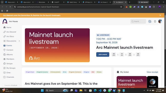 A screenshot of an Arc House community webpage displaying the 'Arc Mainnet launch livestream' scheduled for September 16, 2026, at 7:00 PM - 8:30 PM WAT, with a countdown timer and event details.