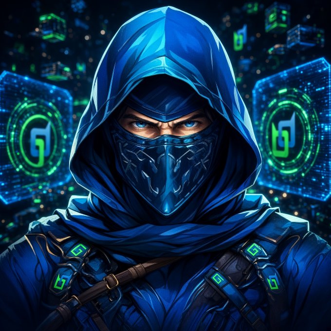A stylized digital artwork of a mysterious figure in a blue hood and mask with glowing blue eyes, surrounded by floating blue cubes containing glowing green digital symbols.