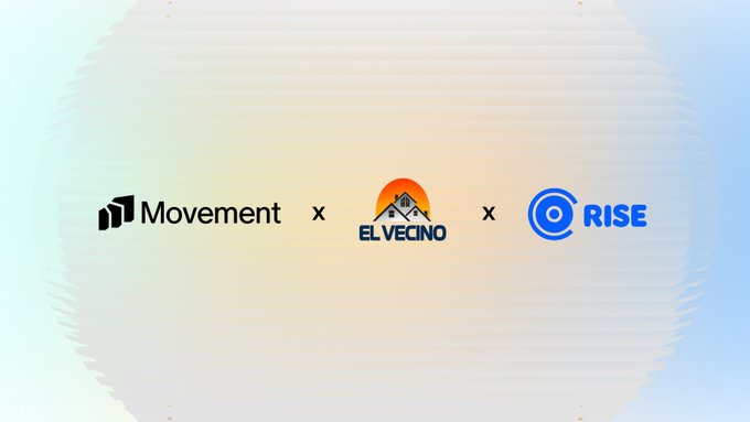 A partnership announcement graphic featuring the logos of Movement, El Vecino, and Rise, displayed on a soft blue and peach gradient background.