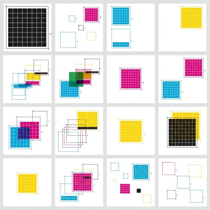 A grid of abstract charts displays overlapping outlined squares and gridded blocks in black, magenta, cyan, and yellow.