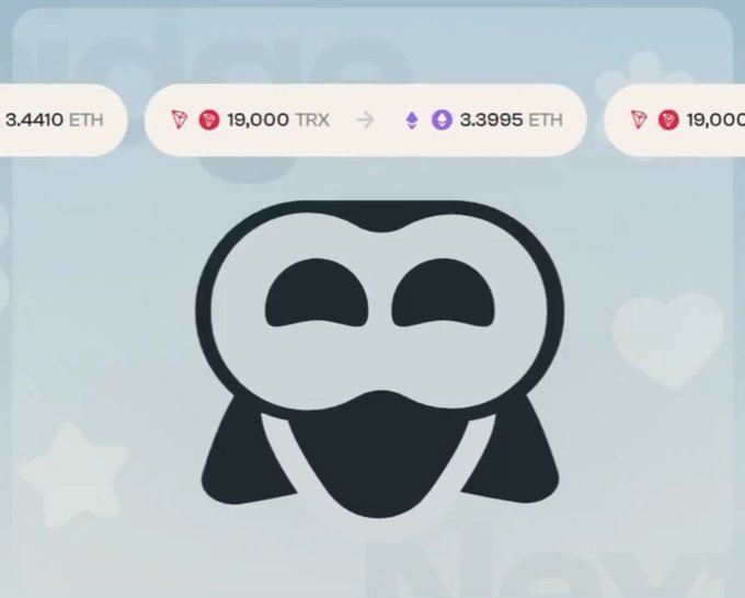 A stylized panda icon with a mask and hoodie is displayed below a cryptocurrency exchange widget showing a swap from '19,000 TRX' to '3.3995 ETH'.