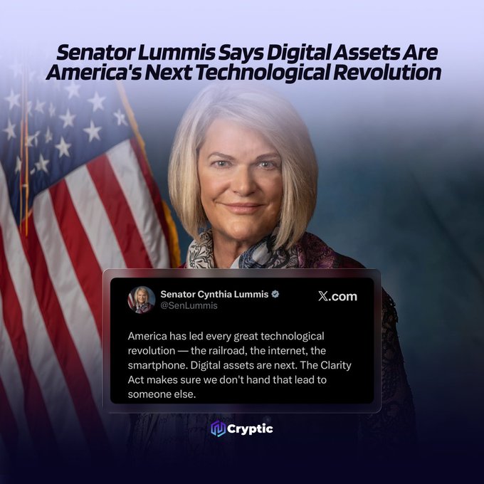 The image features Senator Cynthia Lummis (@SenLummis) alongside an American flag, with a quote tweet from X.com stating: "America has led every great technological revolution — the railroad, the internet, the smartphone. Digital assets are next. The Clarity Act makes sure we don't hand that lead to someone else." The graphic, branded by "Cryptic," highlights Lummis's endorsement of the CLARITY Act to position digital assets as America's next technological frontier, directly illustrating the accompanying post's message about U.S. leadership in the sector.