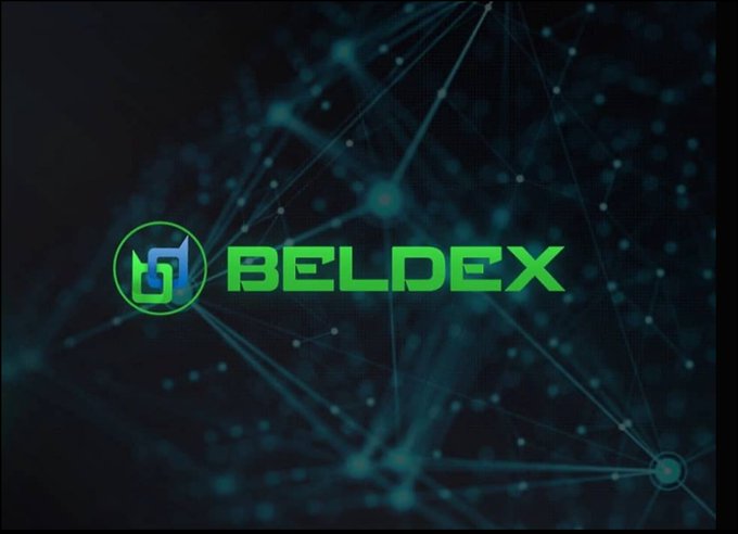 The Beldex logo displayed prominently against a dark blue background with a network of connected nodes and lines.