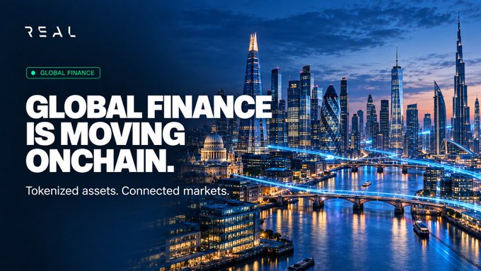 Promotional banner for 'REAL' featuring a nighttime view of a metropolis skyline and bridges, with text 'GLOBAL FINANCE IS MOVING ONCHAIN. Tokenized assets. Connected markets.'