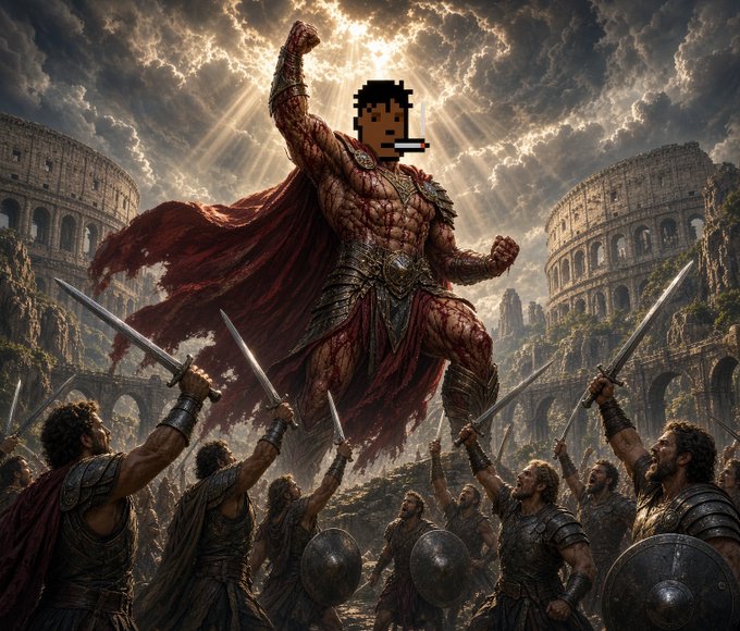 A muscular gladiator with a pixelated face and a cigarette stands triumphantly atop a hill in the Roman Colosseum, raising a fist in victory as armed warriors below raise their swords in salute. The epic, battle-ready scene pays homage to crypto artist @beeple while honoring @0xQuit with its "Quit, Conquer, and Revoke" theme, fitting for someone who likely built a reputation in the crypto/NFT space.