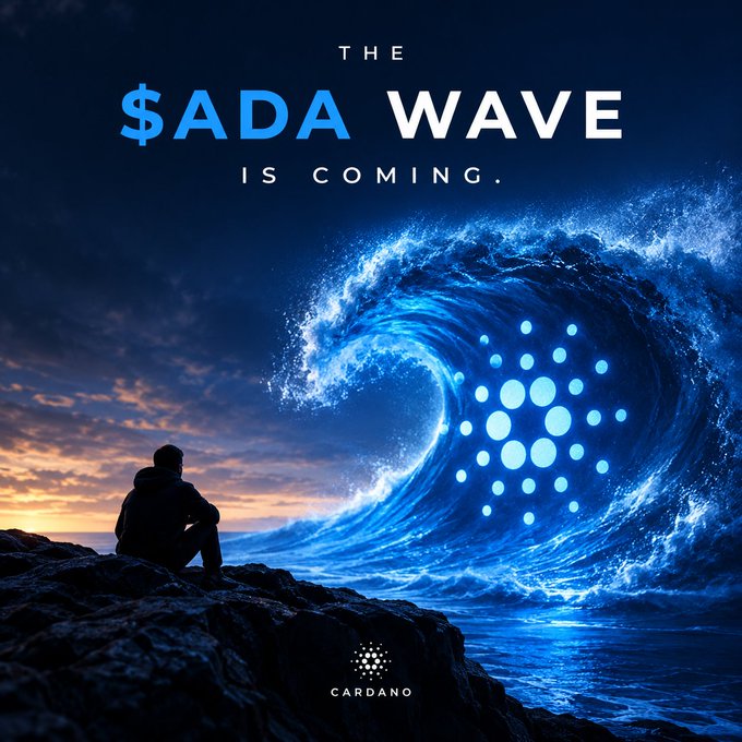 A silhouette of a person sits on rocky terrain watching a massive blue wave emblazoned with the Cardano logo crash across the horizon, beneath the headline "THE $ADA WAVE IS COMING." and the official Cardano mark. The imagery visually reinforces the post's message about Cardano's incoming wave of upgrades—Leios scaling, Hydra, Ouroboros, and growing DeFi adoption—portraying the blockchain's developments as an inevitable, powerful surge that observers can prepare for but not stop.