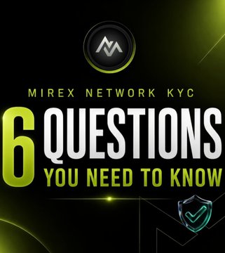 A promotional graphic for Mirex Network's KYC update, featuring the "MRX" logo and bold text reading "6 QUESTIONS YOU NEED TO KNOW," highlighting key information community members need to understand about the upcoming KYC process.