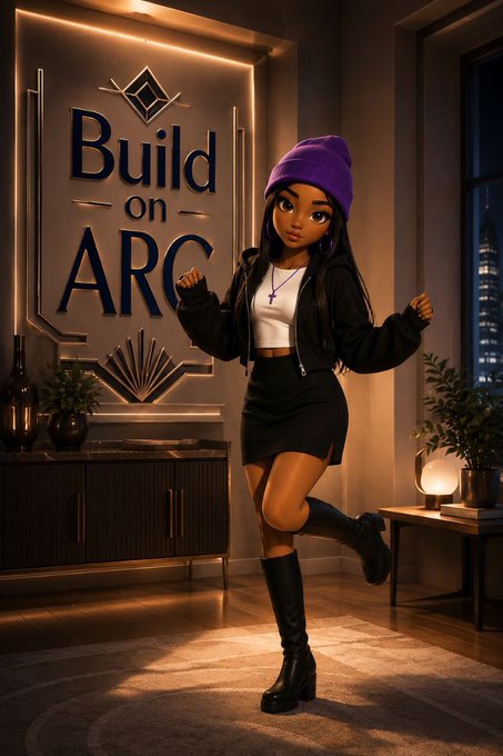 A 3D-rendered stylized female character wearing a purple beanie, black jacket, white top, black skirt, and knee-high boots, posing in an elegant room with a 'Build on ARC' sign on the wall behind her.