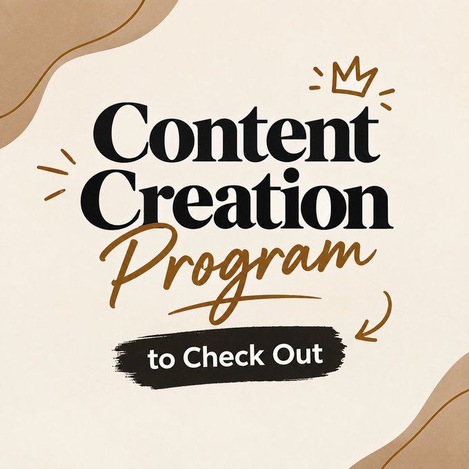 A graphic design image with the text 'Content Creation Program to Check Out' in stylized black and gold fonts on a beige background with abstract shapes.