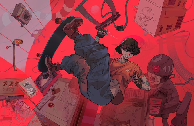 An anime-style illustration of a young male skateboarder performing a trick in mid-air with a gas mask figure nearby, set against a red urban backdrop.