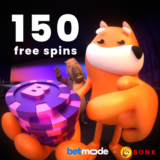 The image shows a cartoon fox holding a stack of chips with a "B" on them and announces "150 free spins," which directly relates to the launch day bonus mentioned in the post. The logos "betmode x BONK" are also visible.