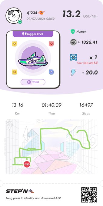 A STEP'N app screenshot showing user 'sj1235' with 13.2 GST/Min earnings, displaying a sneaker NFT, fitness stats (13.16 Km, 01:40:09 Time, 16497 Steps), and a map of the running route.