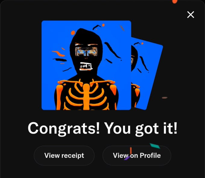 A digital graphic on a dark background shows a stylized character with a skeleton design on a blue background with the text 'Congrats! You got it!' along with buttons for 'View receipt' and 'View on Profile'.