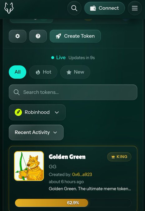 A crypto token creation platform interface showing a 'Golden Green' (GG) meme token card created about 6 hours ago with a 62.9% progress bar.