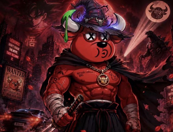 An elaborate digital illustration of a red muscular anthropomorphic bull character wearing a wizard hat with X'd eyes and a skull medallion, titled with text 'LEGENDS DON'T CHASE THE HYPE, THEY BECOME IT' and 'WANTED NOTORIOUS BULL #1,000,000,000', set in a dark anime-style cityscape with Godzilla in the background.