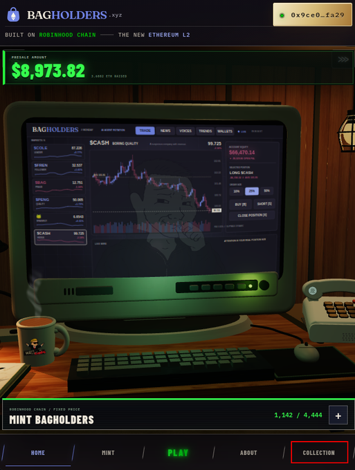 A screenshot of the Bagholders NFT project website showing a $CASH chart on a retro computer monitor, with a 'COLLECTION' button highlighted.
