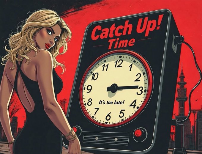 An illustrated poster features a blonde woman in a black dress next to a large clock with the text 'Catch Up! Time' and 'It's too late!' displayed on its face.